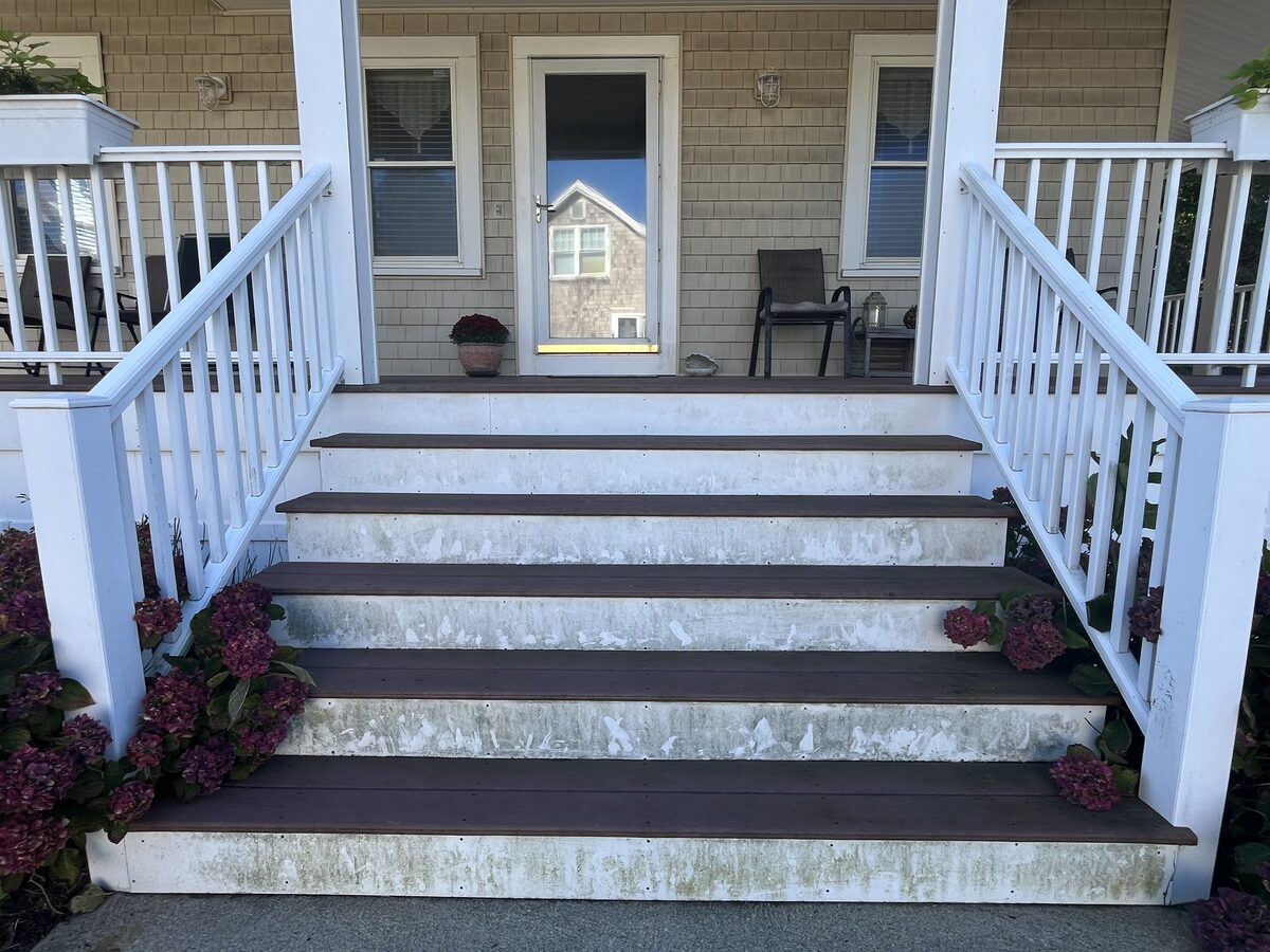 Before beach house Trex deck cleaning in Marshfield MA showing outdoor buildup on composite decking