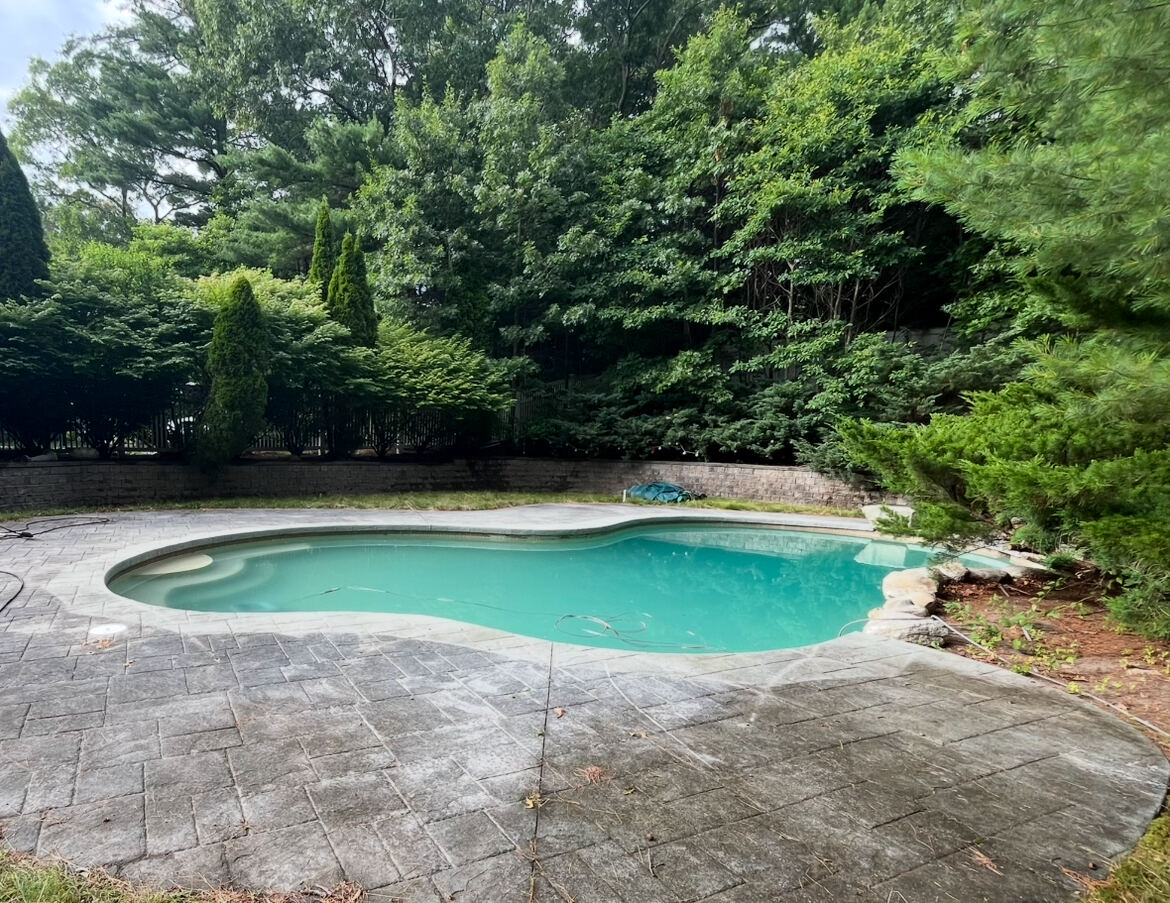 Before pool deck cleaning in Marshfield MA showing dirt and organic buildup on the deck surface