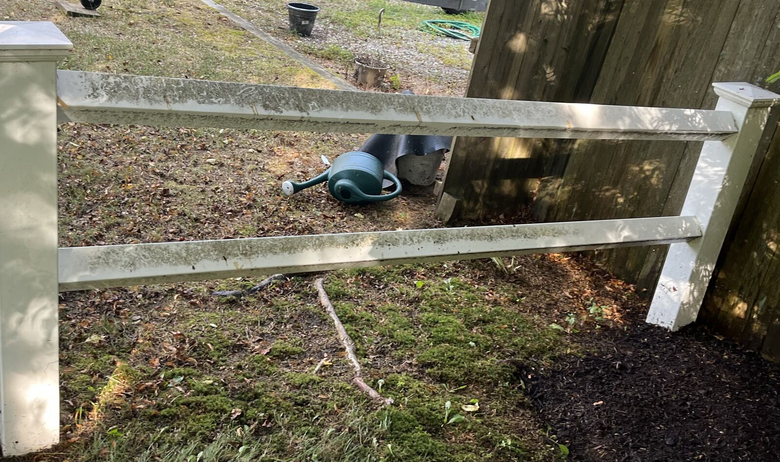 Before fence cleaning in Marshfield MA showing green algae and moss on white rail fence