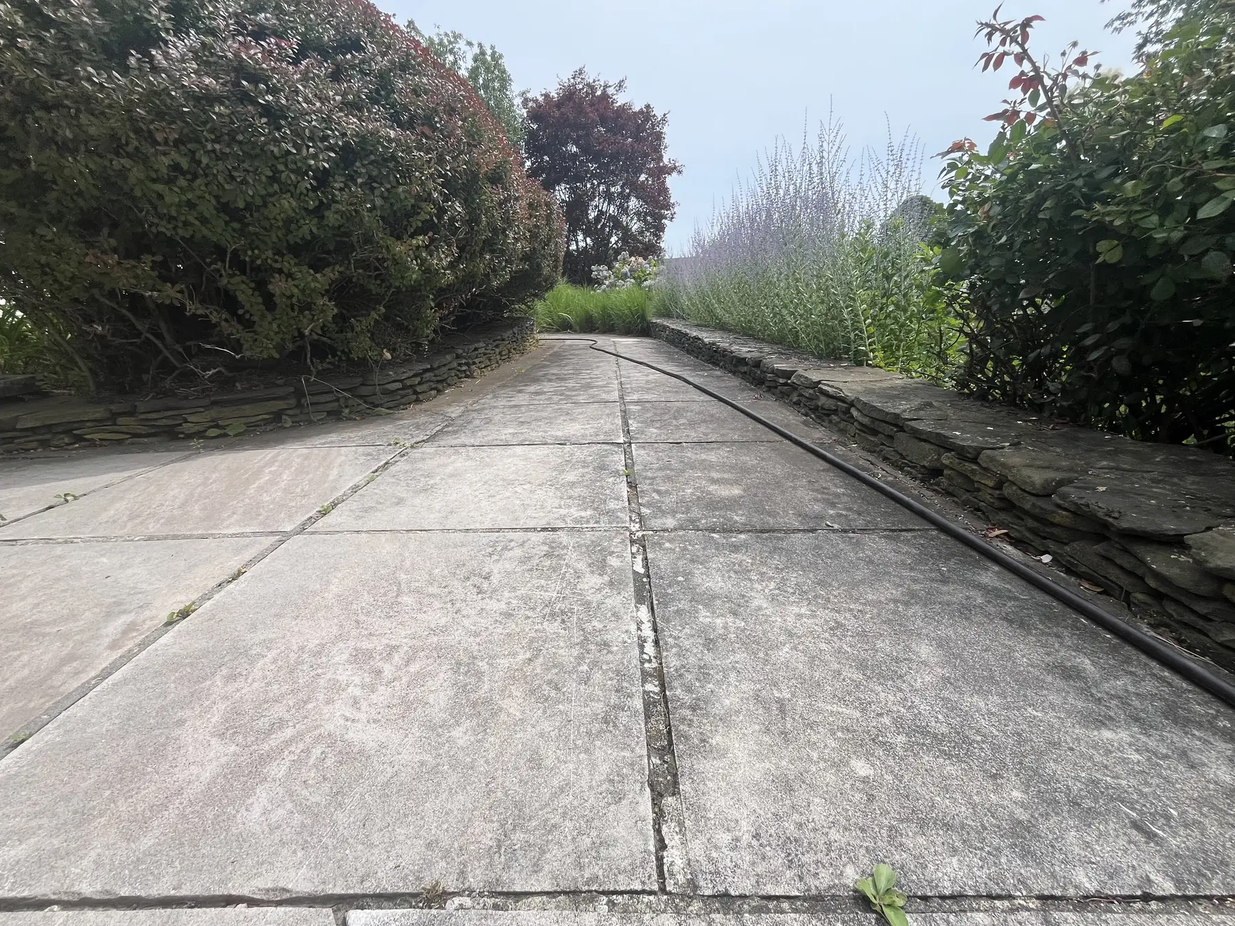 Stone pathway cleaning in Plymouth MA, dark organic buildup on large stone slabs before pressure washing by H2WOAH
