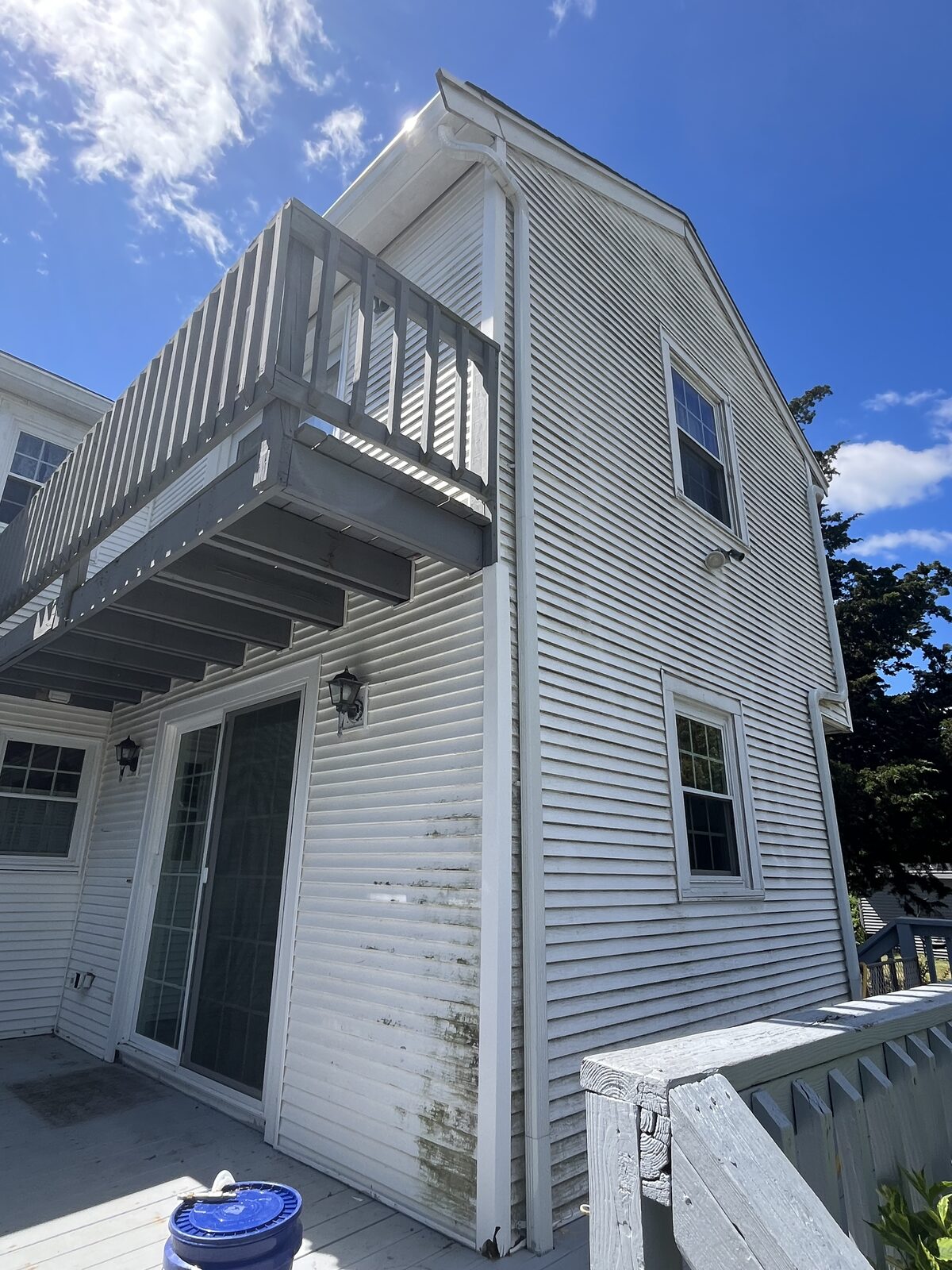 Vinyl siding with algae and mildew buildup before house washing in Marshfield MA