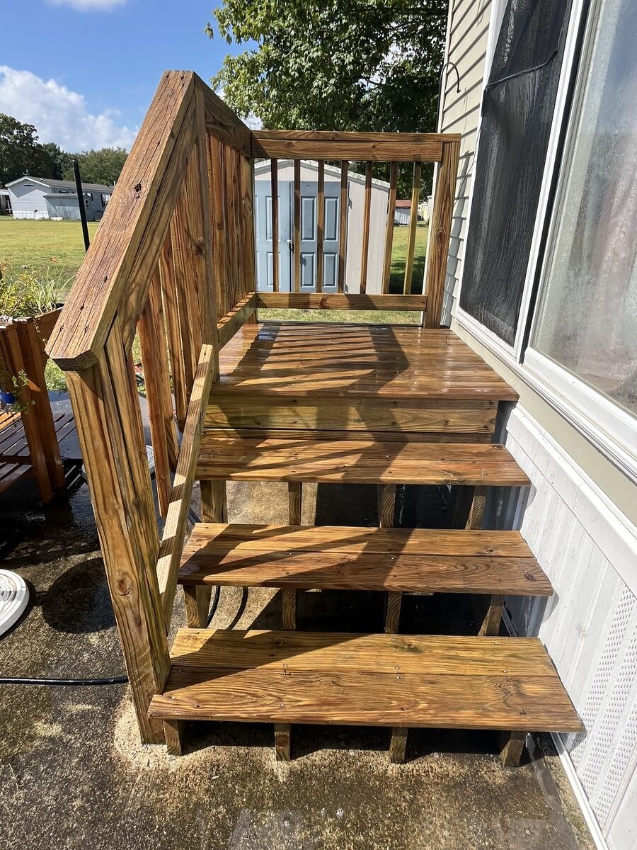 Wood deck stair wash and brightening in Pembroke, MA by H2WOAH Exterior Cleaning